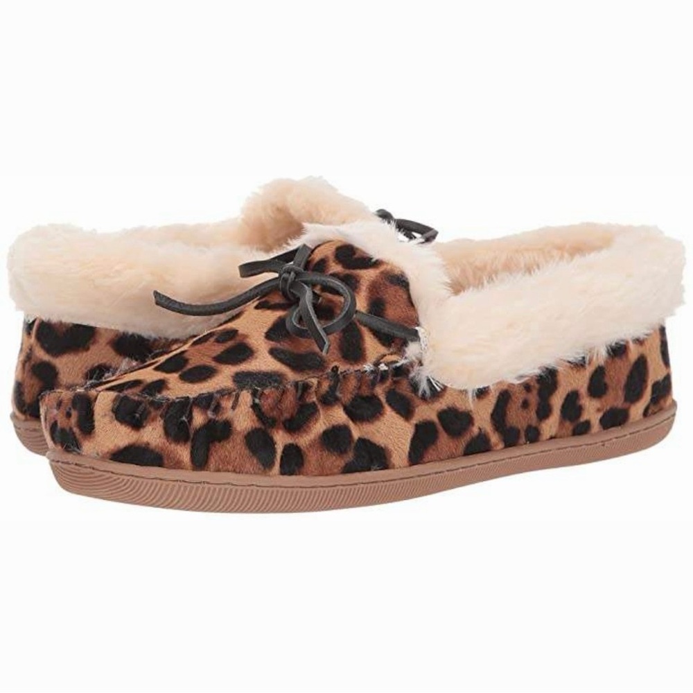 J. Crew Lodge Moc Haircalf Slippers Rich Mahogany Leopard Print Cream Faux Fur 8